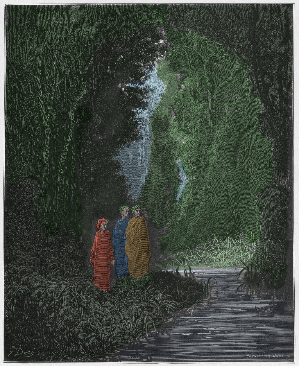 Purgatorio, Canto 28: Dante, Vergilius och Statius (Stace) i den antika skogen i det terrestra paradiset, illustration från The Divine Comedy av Dante Alighieri, 1885 (digitalt färgad gravyr) av Gustave after Dore