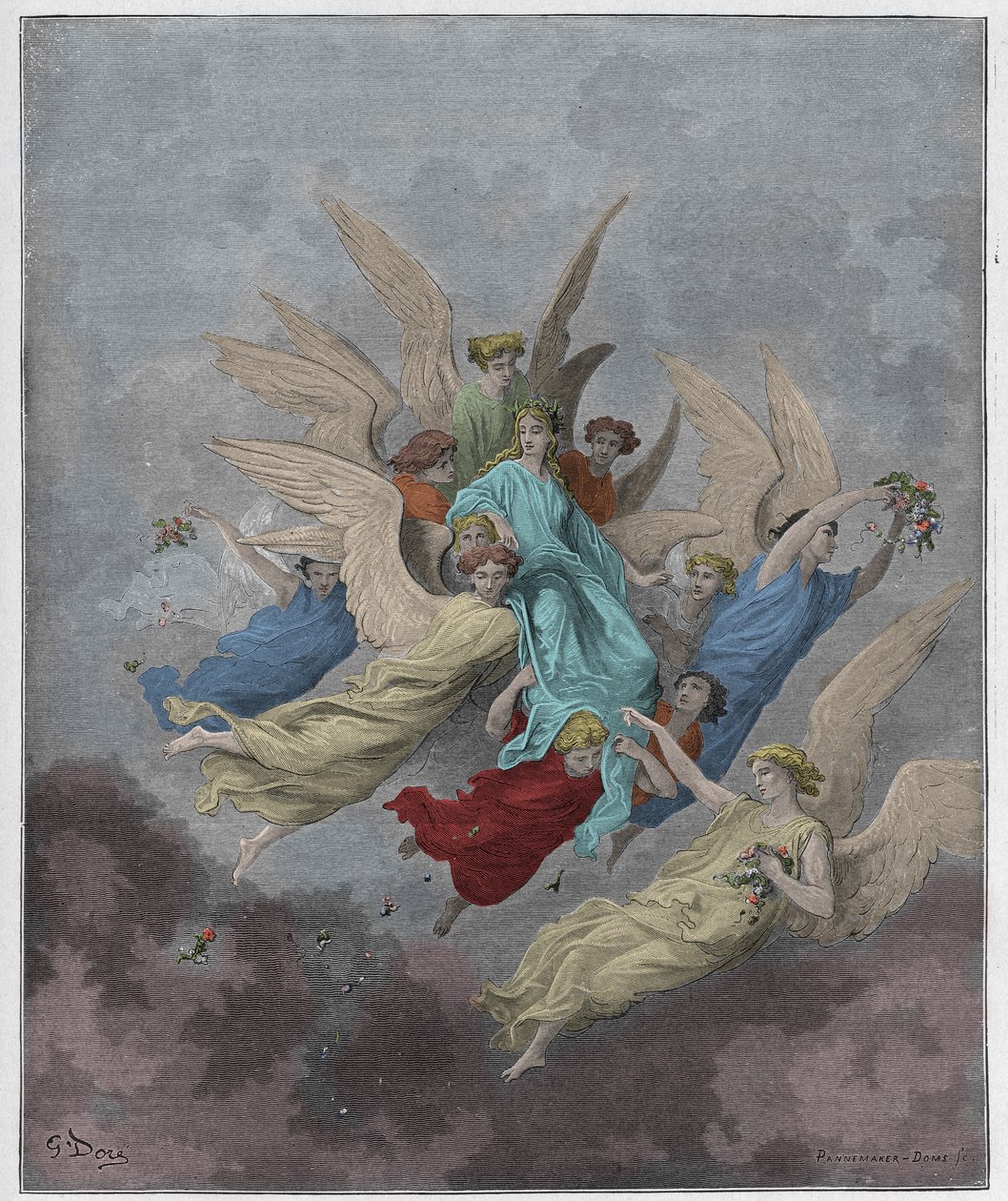 Purgatorio, Canto 30: Beatrice bland änglarna, illustration från The Divine Comedy av Dante Alighieri, 1885 (digitalt färgad gravyr) av Gustave after Dore