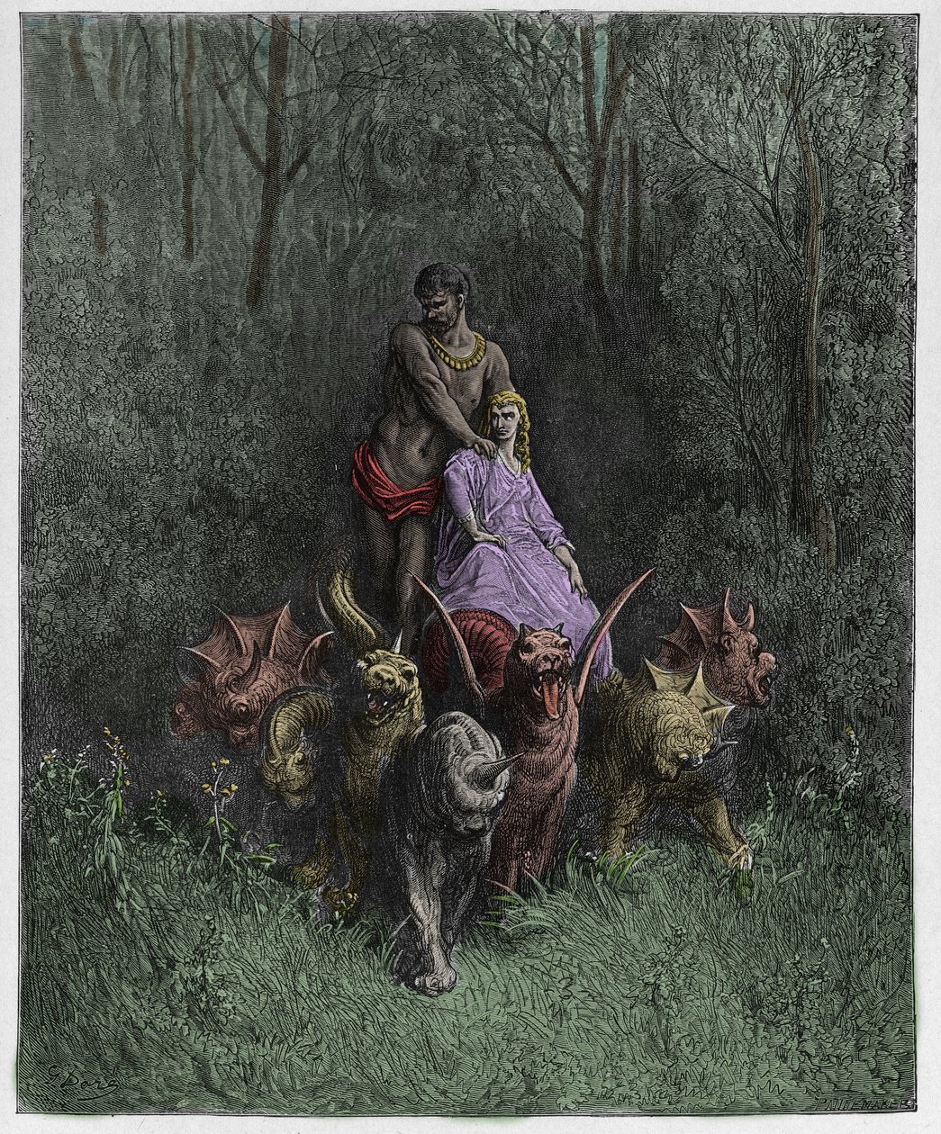 Purgatorio, Canto 32: Jätten och skökan i vagnen, illustration från The Divine Comedy av Dante Alighieri, 1885 (digitalt färgad gravyr) av Gustave after Dore