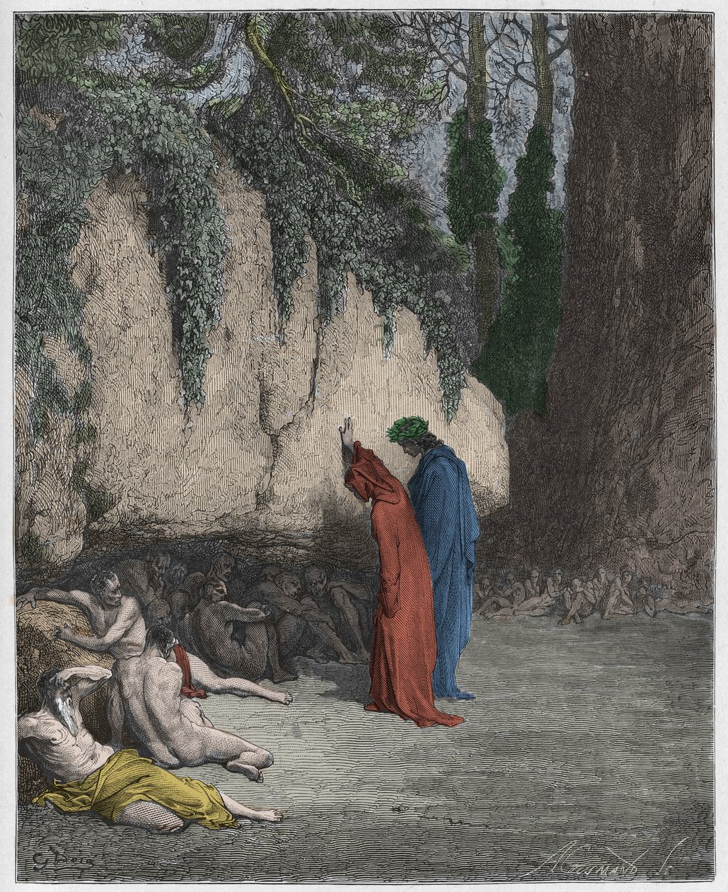 Purgatorio, Canto 4: The indolent souls beside the rock, illustration från The Divine Comedy av Dante Alighieri, 1885 (digitalt färgad gravyr) av Gustave after Dore