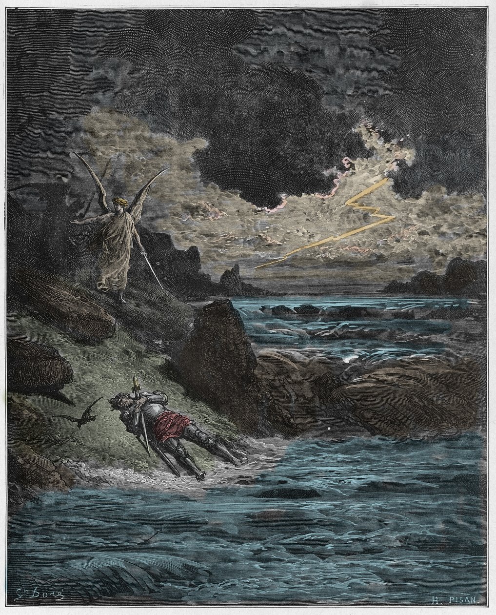 Purgatorio, Canto 5: Buonconte (Bonconte) da Montefeltros kropp i Arno, illustration från Dante Alighieris Gudomliga komedi, 1885 (digitalt färgat gravyr) av Gustave after Dore