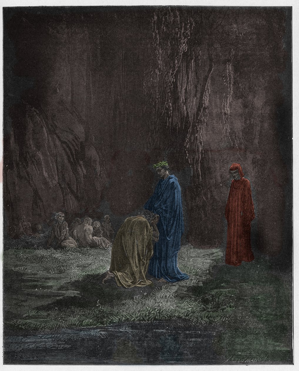 Purgatorio, Canto 7: Poeten Sordello knäböjer förvånat inför Vergilius, illustration från Den gudomliga komedin av Dante Alighieri, 1885 (digitalt färgat gravyr) av Gustave after Dore