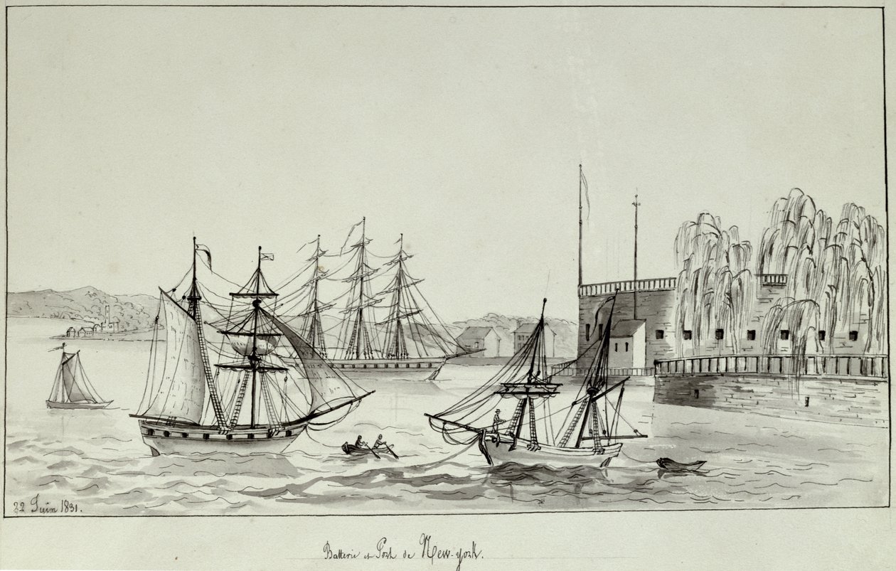 The Battery and Port of New York, 1831 (penna och bläck och wc på papper) av Gustave de Beaumont
