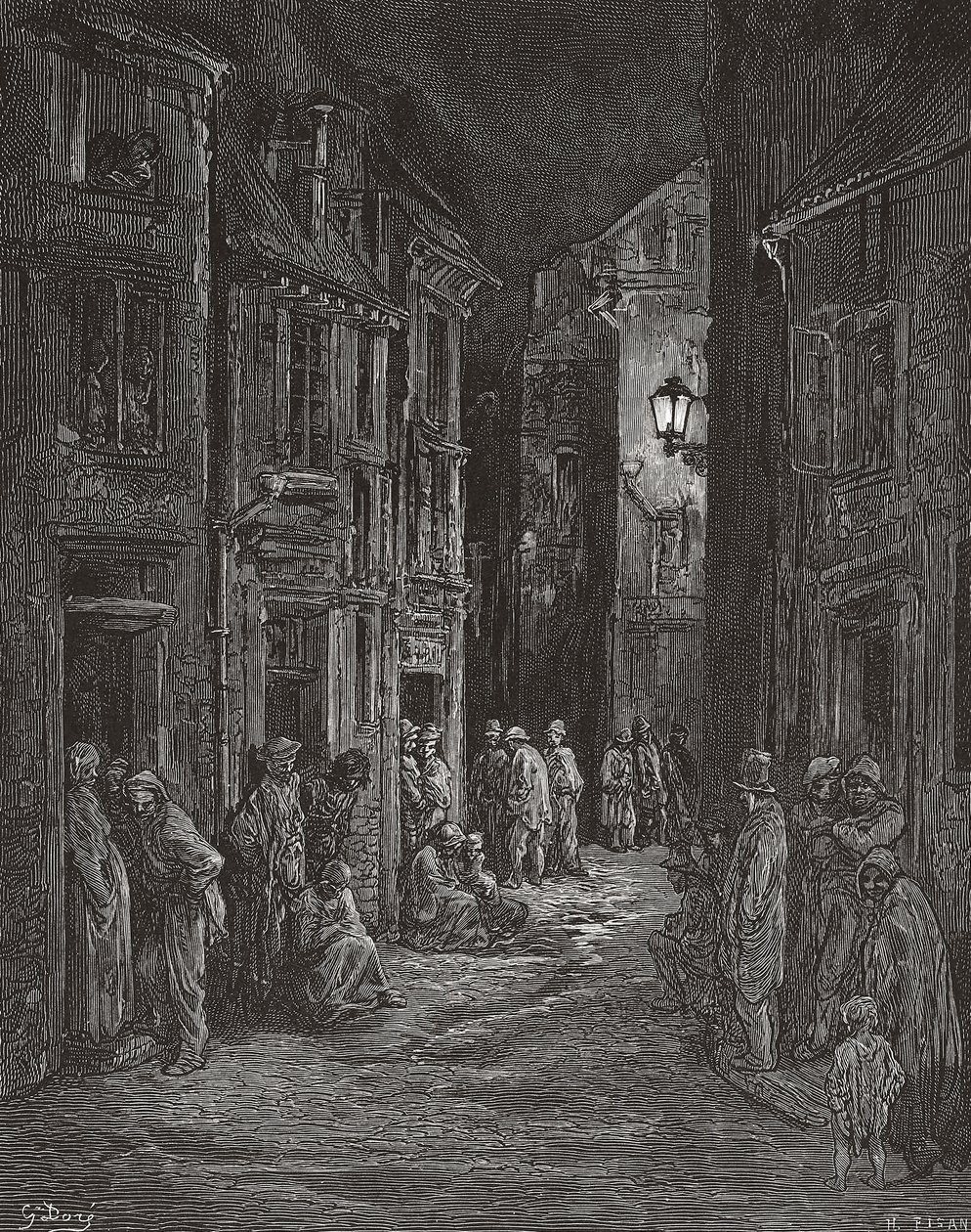 Bluegate Fields slumkvarter, London på 1800-talet. (skriva ut) av Gustave (after) Dore