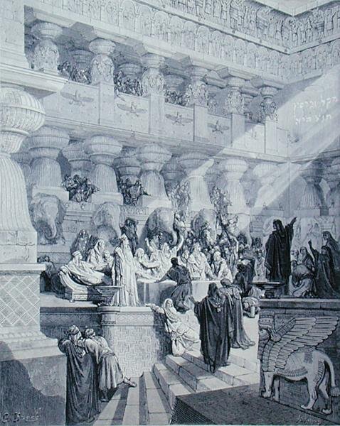 Daniel som tolkar skriften på väggen, graverad av A. Ligny, c.1868 (gravyr) av Gustave (after) Dore