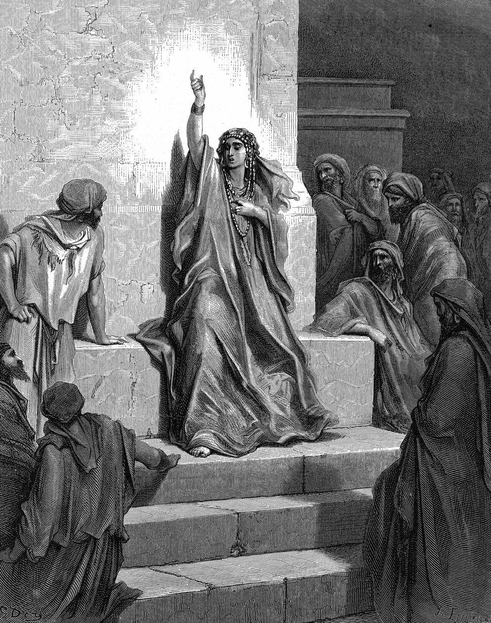 Debora, hebreisk profetissa som räddade sitt folk från Jabin, Kanaans kung, och hans general Sisera och sjöng hennes triumfsång. Domare 5:1. 1200-talet f.Kr. Ur Gustave Dores illustrerade bibel 1866. Trästick. av Gustave (after) Dore