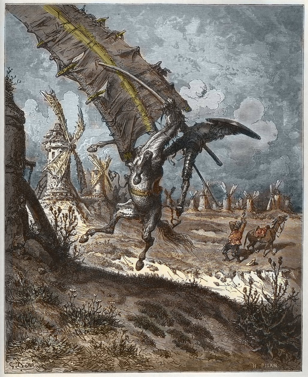 Don Quijote och väderkvarnarna från "Don Quixote de la Mancha" av Miguel Cervantes (1547-1616) (Don Quijote) - graverad av Heliodore Joseph Pisan (1822-90) efter teckning av Gustave Dore av Gustave (after) Dore