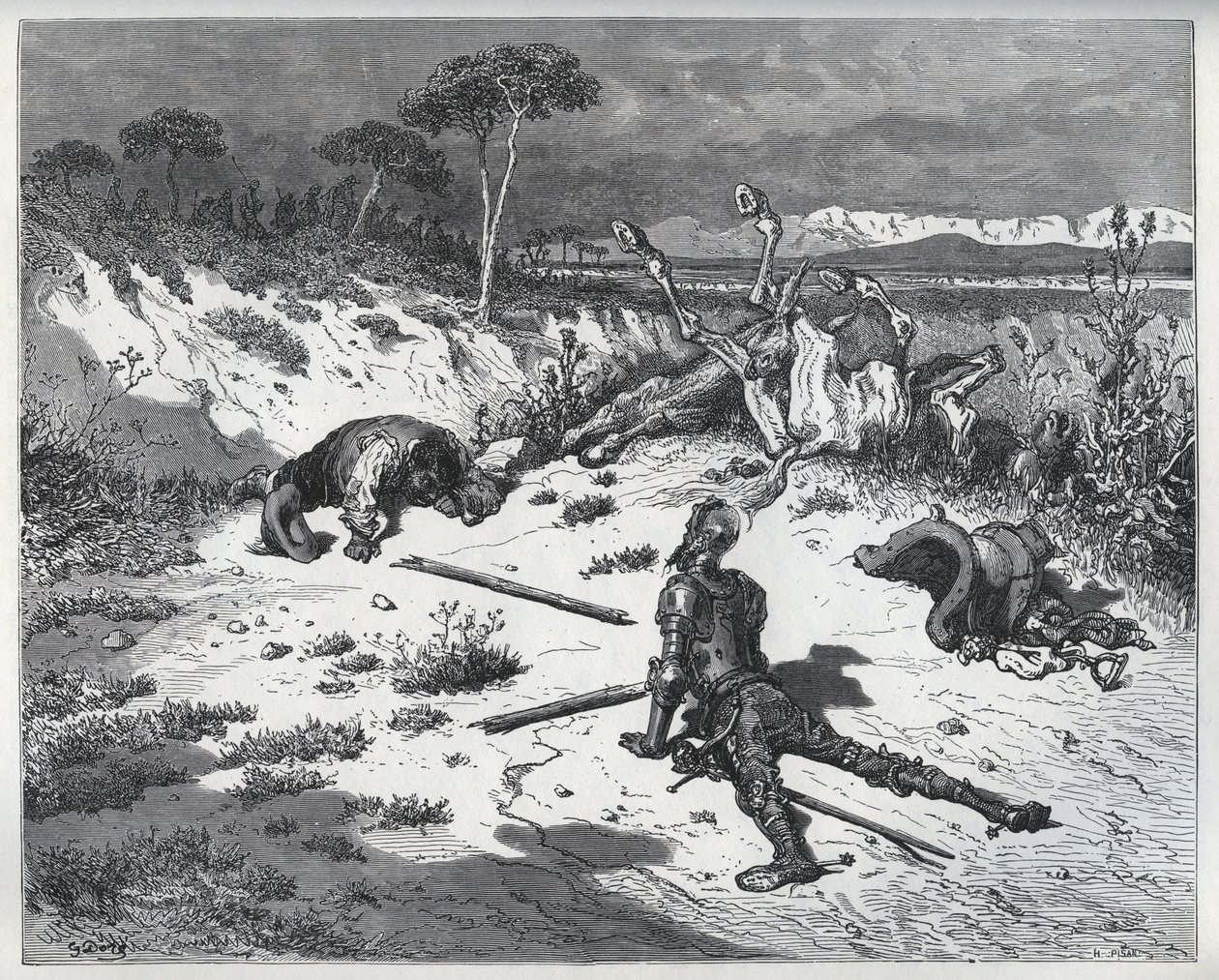Don Quijotes moraliserande över otacksamhet - från "Don Quixote de la Mancha" av Miguel Cervantes (1547-1616) (Don Quijote) - Träsnitt efter teckning av Gustave Dore av Gustave (after) Dore