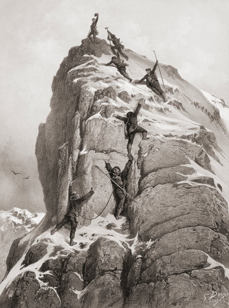 Första bestigningen av Matterhorn (gravyr) av Gustave (after) Dore