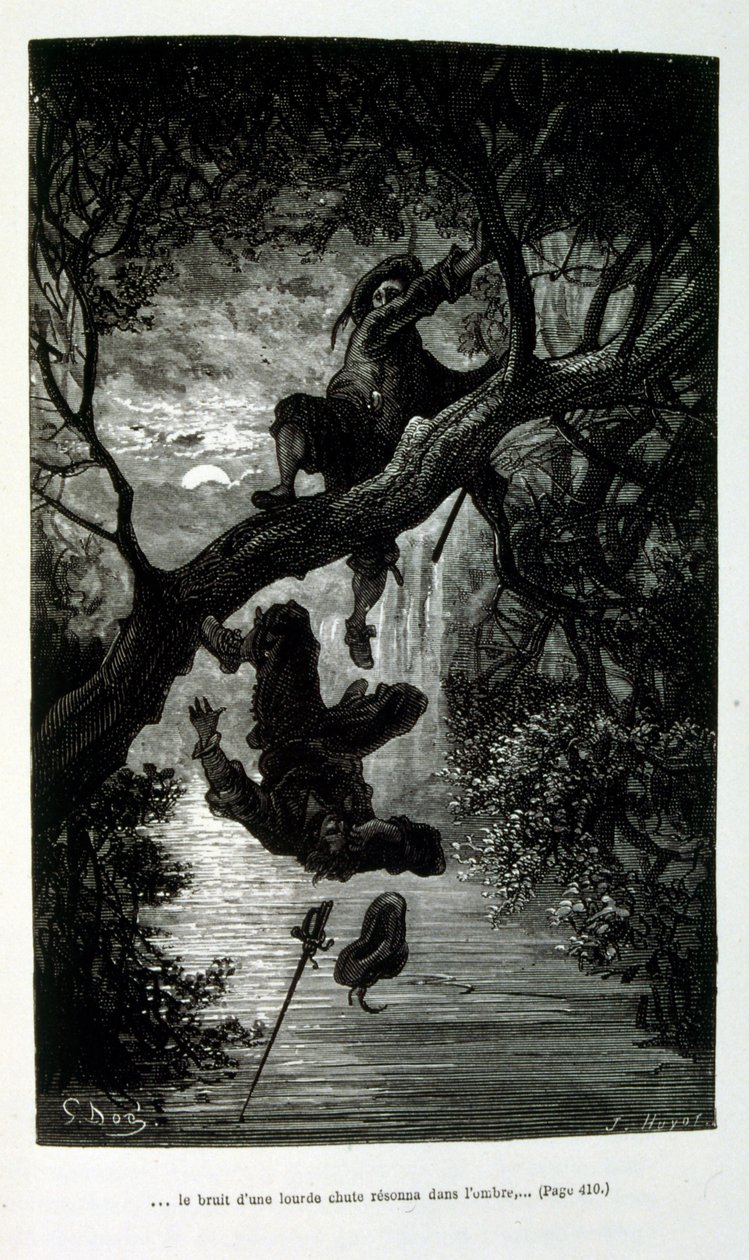Illustration av Gustave Dore för "Le Capitaine Fracasse" av Pierre Théophile Gautier (1811-1872) Fransk, författare, poet, målare, konstkritiker. Gautier var en försvarare av romantiken, Gautiers verk är svårt att klassificera och förblir en referenspunkt  av Gustave (after) Dore