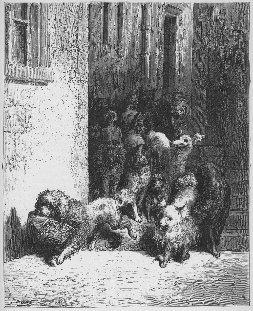 "Hunden som bär sin herres middag runt halsen." Fabeln, La Fontaine (1621 - 1695), Stich von Gustave Doré (1823 - 1883) av Gustave (after) Dore