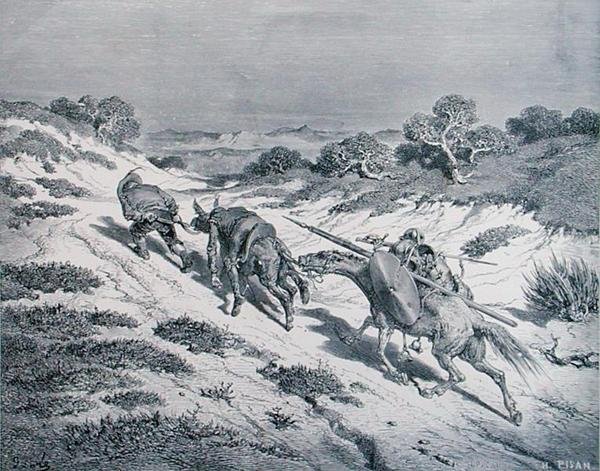 Den slagna riddaren och hans springare, från "Don Quijote de la Mancha" av Miguel Cervantes (1547-1616), graverad av Heliodore Joseph Pisan (1822-90) ca 1868 (gravyr). av Gustave (after) Dore