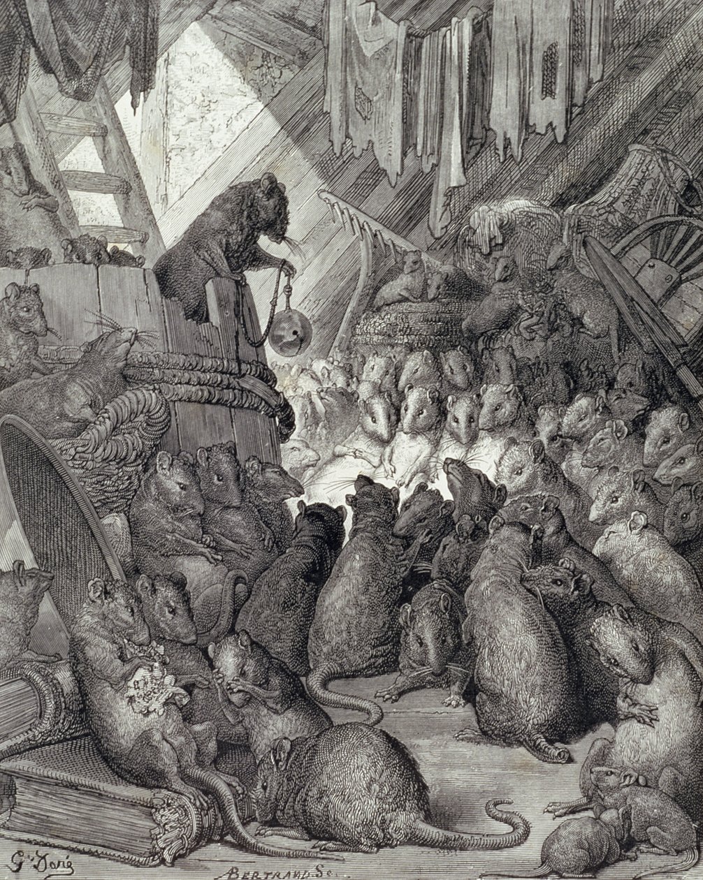 Rådet som hålls av råttorna, från fablerna i La Fontaine, graverade av Antoine Valerie Bertrand (f.1823) c.1868 (gravyr) av Gustave (after) Dore