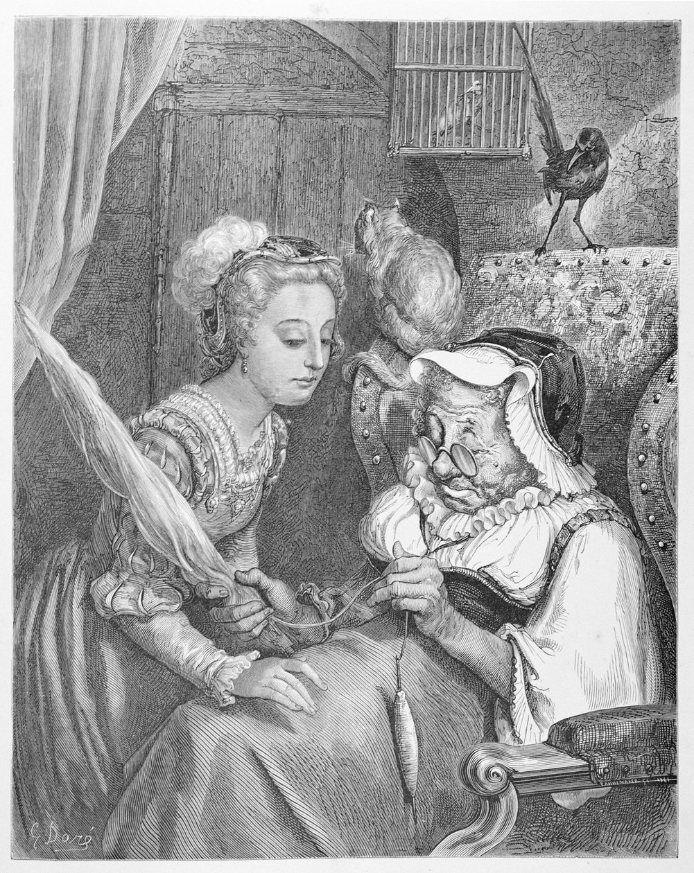 The Princess and Fairy Spite, graverad av Stephane Pannemaker (1847-1930) 1861 (gravyr) av Gustave (after) Dore
