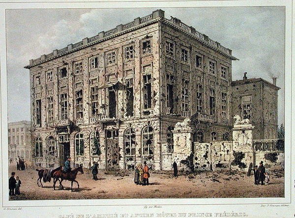 Cafe Amitie och Old Hotel du Prince Frederic, Bryssel, efter striderna 23-26 september 1830, graverade av Jean Baptiste Madou (1796-1877) (färgad gravyr) av Gustave Adolphe (after) Simoneau
