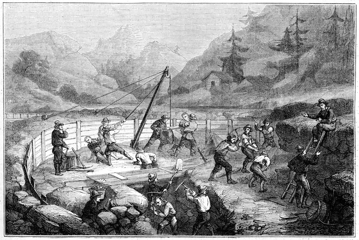 Utgrävning och tvättning av sand på botten av en flod, Kalifornien, 1800-talet. av Gustave Adolphe Chassevent Bacques