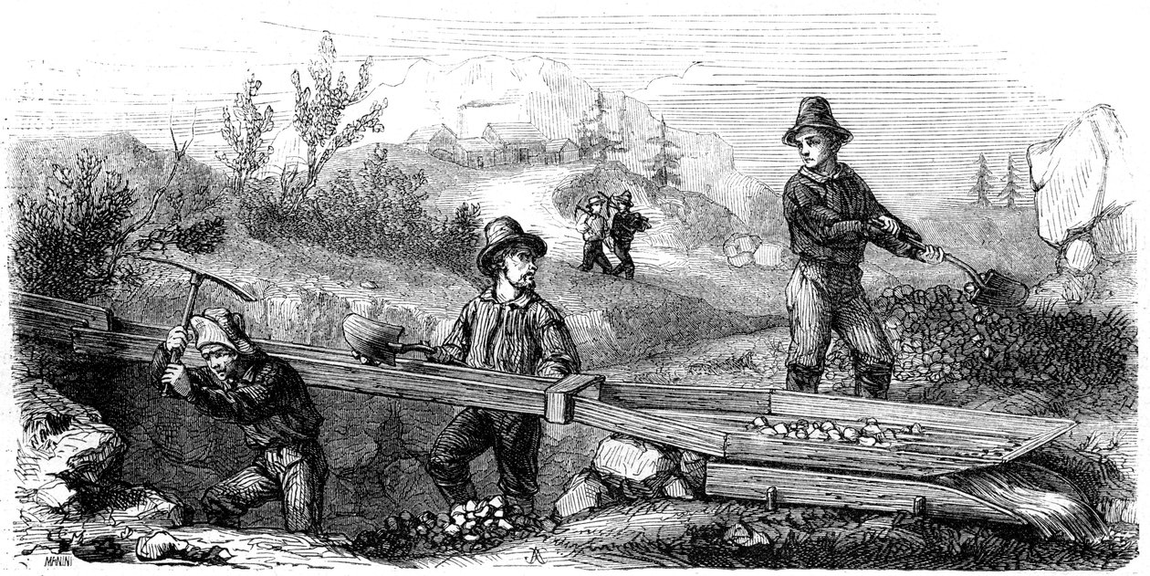 Franska gruvarbetare som arbetar med en lång tomsluss, Kalifornien, 1800-talet. av Gustave Adolphe Chassevent Bacques