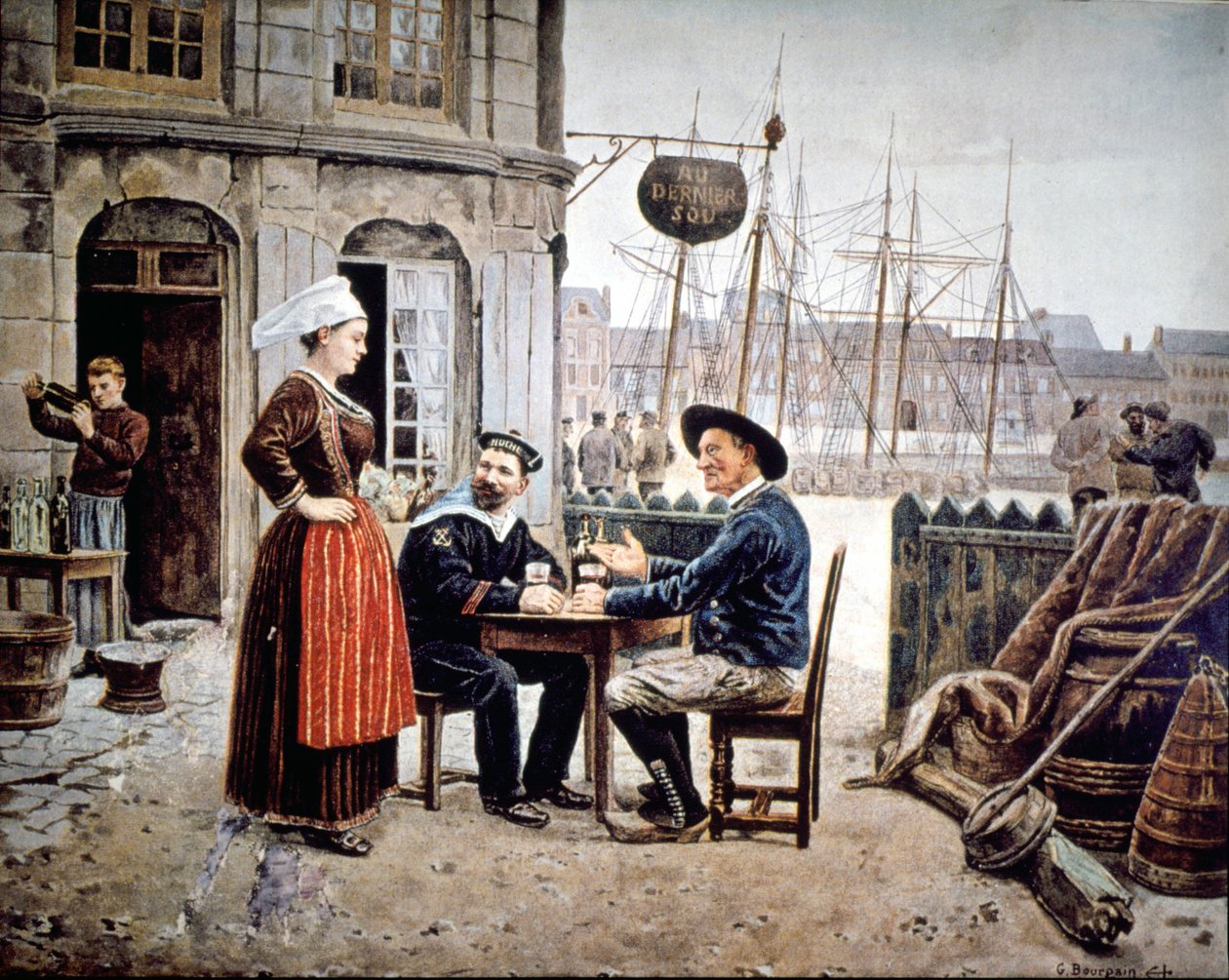 2 män (en sjöman och en bretonsk fiskare) i en bar och chattar med en bretonsk servitris, Saint Malo av Gustave Bourgain