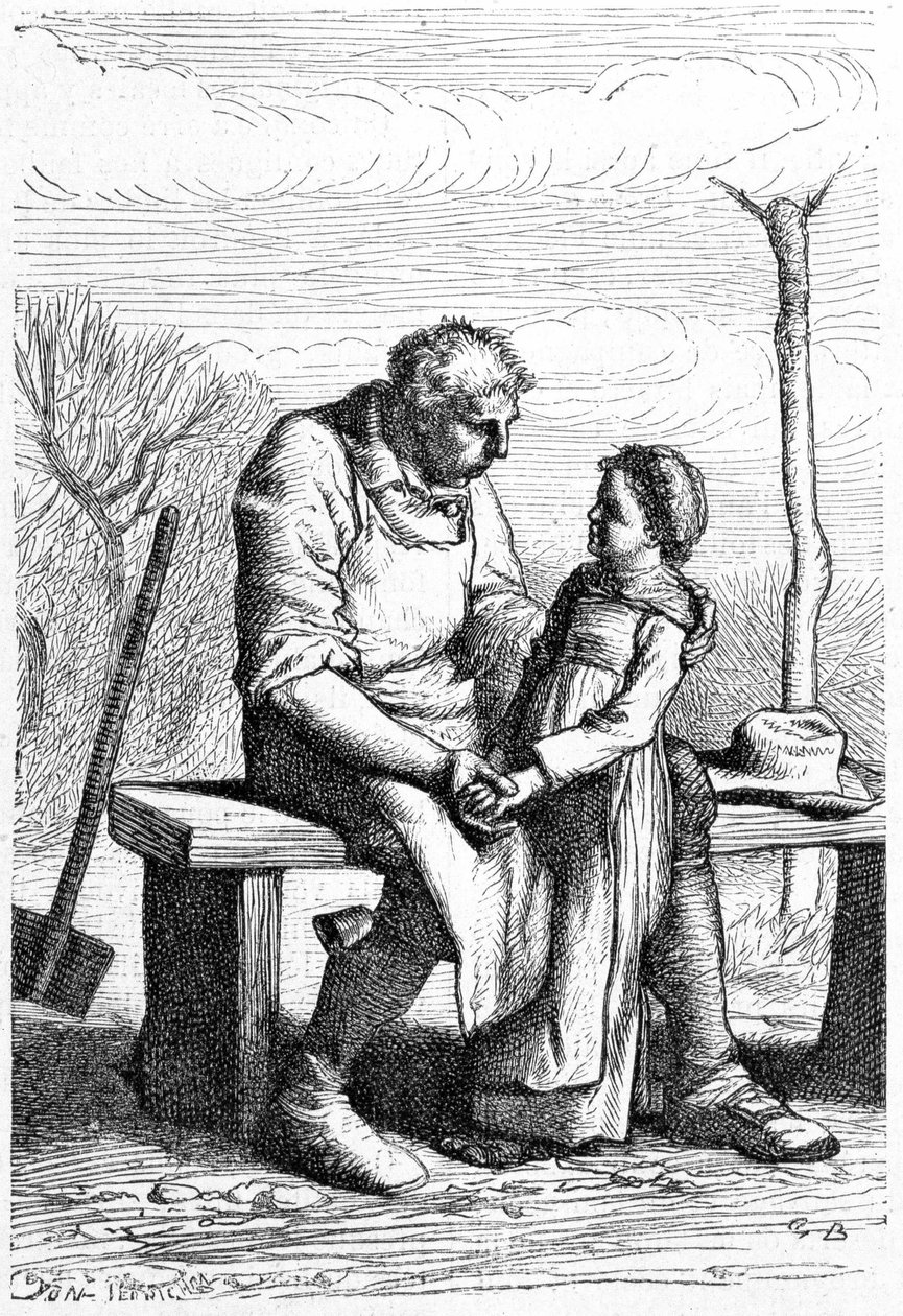 Cosette et Jean Valjean - i "" Les Miserables"" av Victor Hugo, ill. av Brion, red. Hetzel och Lacroix av Gustave Brion