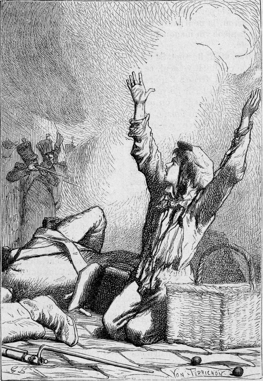 Gavroche faller på barrikaderna - i "" Les Miserables"" av Victor Hugo, sjuk. av Brion, red. Hetzel och Lacroix av Gustave Brion