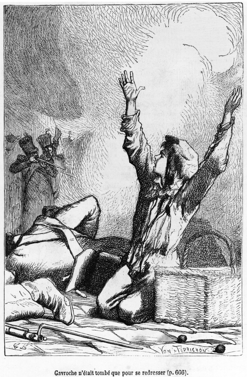 Gavroche hade fallit bara för att resa sig igen, illustration från "Les Miserables" av Victor Hugo (1802-85) graverad av Jules Leon Perrichon (1836-97) av Gustave Brion