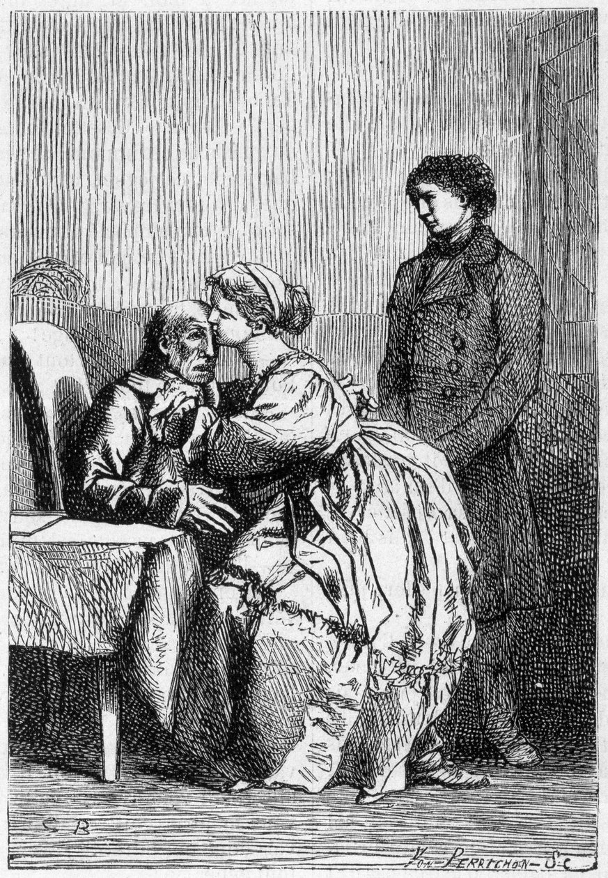 Marius och Cosette besöker Jean Valjean sjuk - i "" Les Miserables"" av Victor Hugo, sjuk. av Brion, red. Hetzel och Lacroix av Gustave Brion