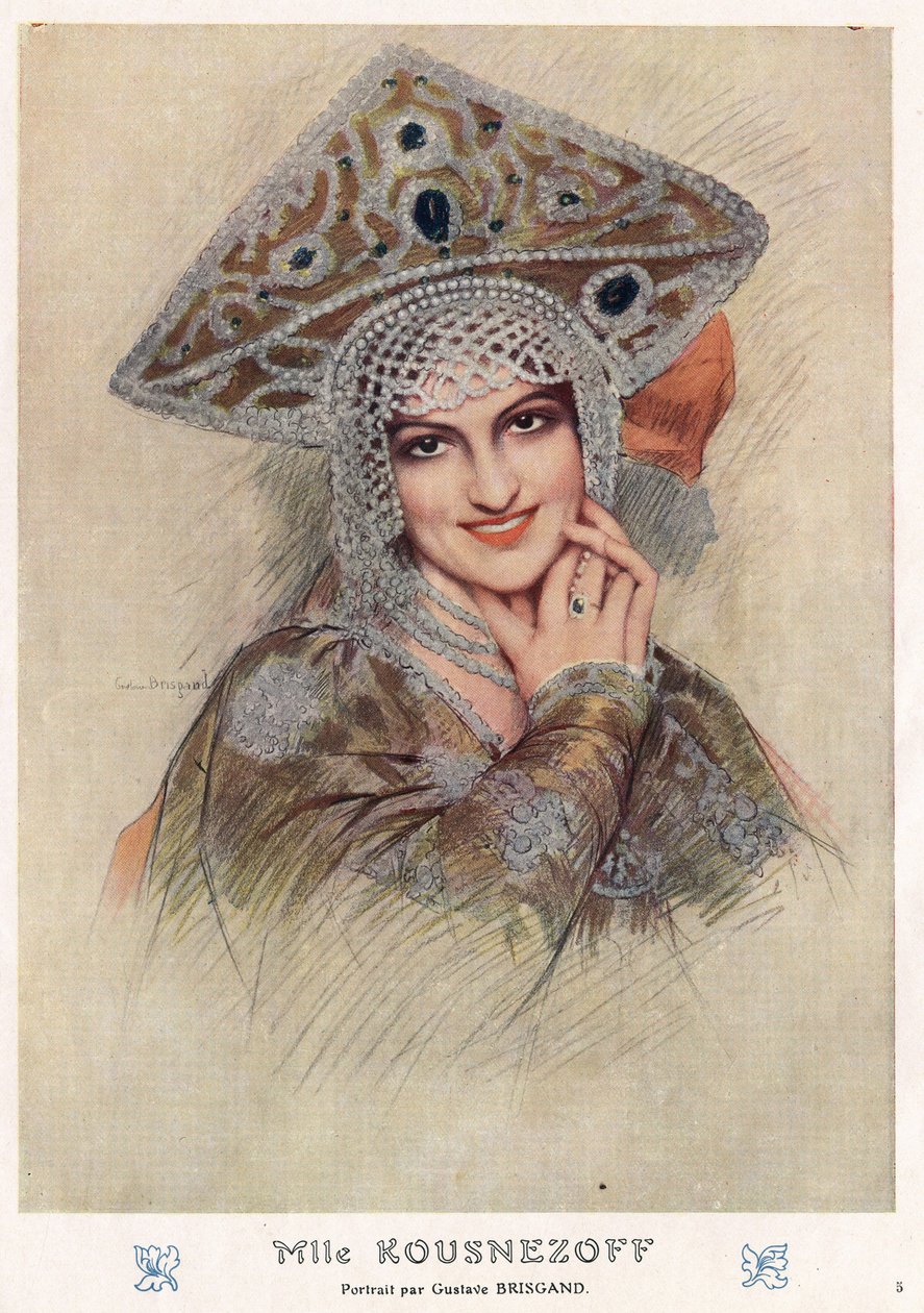 Porträtt av Maria Nikolaievna Kuznetsova (Maria Kuznetsova) (1880-1966), berömd 1900-talsryska imperiet och sovjetisk operasångerska och dansare i "Fantasio" tidigt 1900-tal (teckning) av Gustave Brisgand