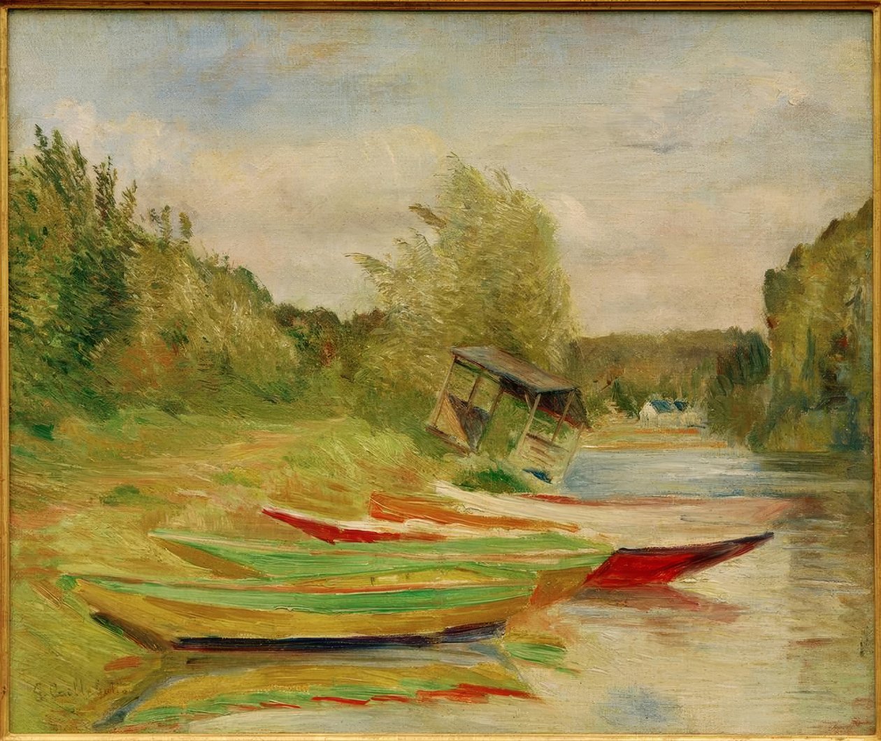 Båtar och hyddor, längs Seine av Gustave Caillebotte