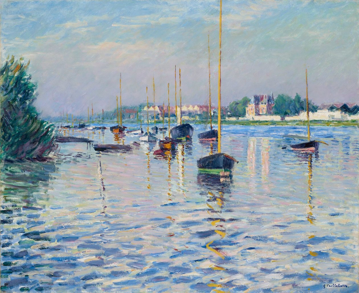 Franska: Bateaux au mouillage sur la Seine à Argenteuil Båtar förtöjda på Seine vid Argenteuil av Gustave Caillebotte