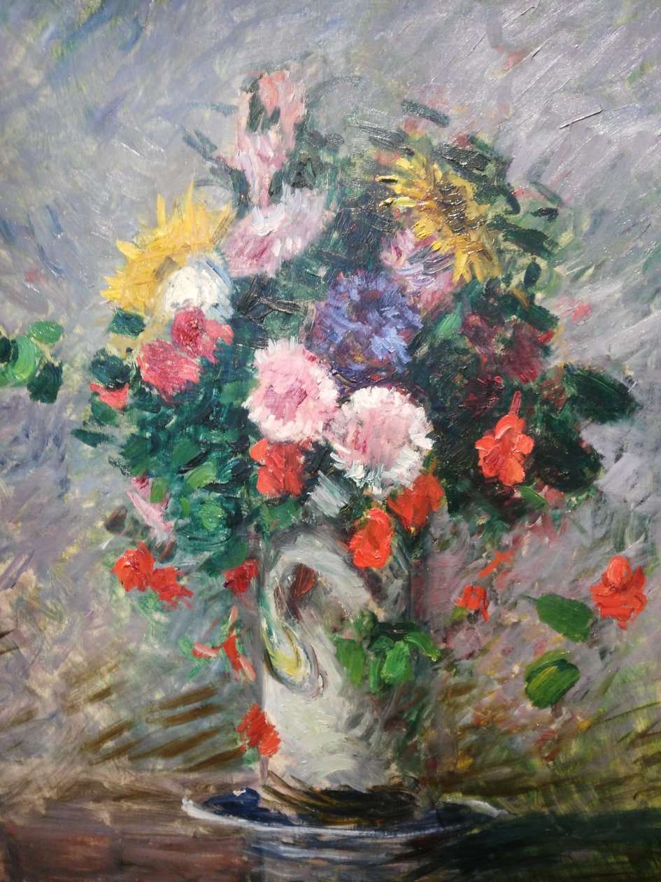 Franska: Margeritbukett, kapuciner och solrosor i en vas
Tyska: Bukett med margeriter, krasse och solrosor i en vas av Gustave Caillebotte