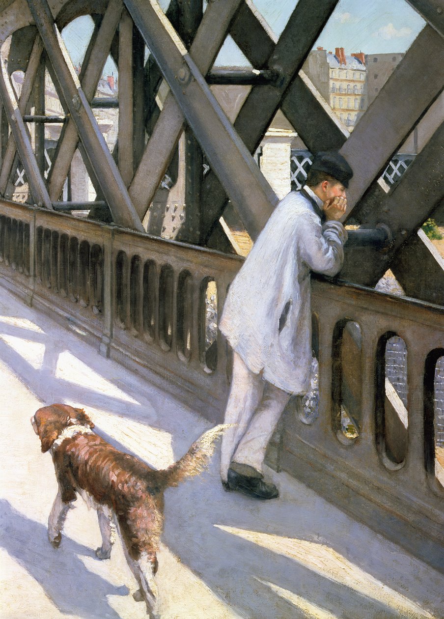Le Pont de LEurope: detalj av en vilande man och en hund, 1876 detalj av 50110 av Gustave Caillebotte