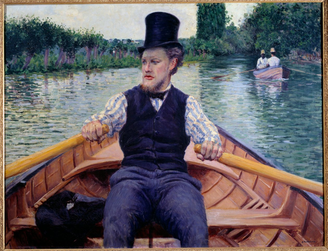 En del av båten. En man som bär en hög hatt ror i en båt. Målning av Gustave Caillebotte (1848-1894) av Gustave Caillebotte