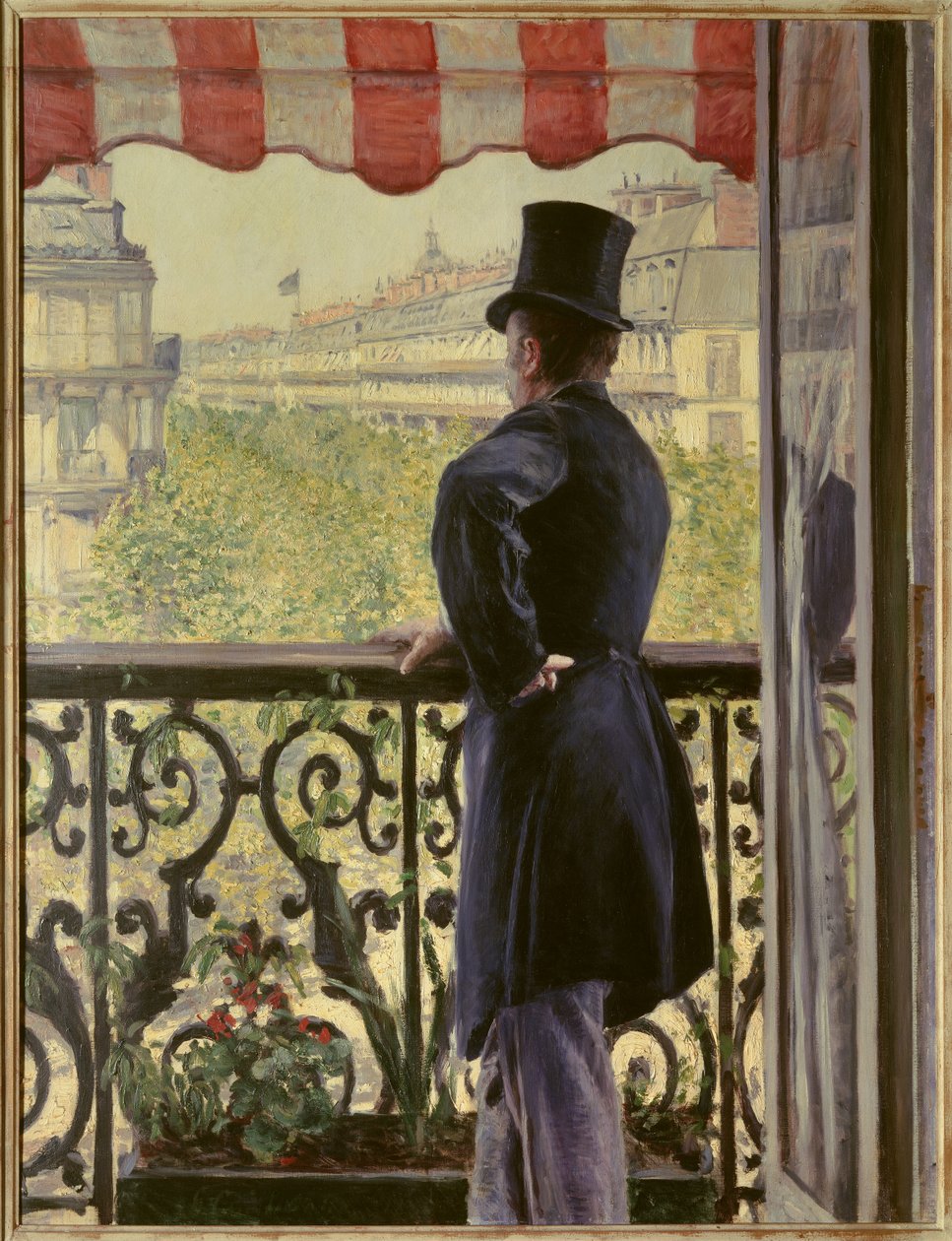 Mannen på balkongen En elegant man i hög hatt vilar på räcket till en balkong på de stora parisiska boulevarderna. Målning av Gustave Caillebotte (1848-1894) 1880 sön. 0,86 x 1,14 m. Privat samling - Mannen på balkongen. En smart man i hög hatt le av Gustave Caillebotte