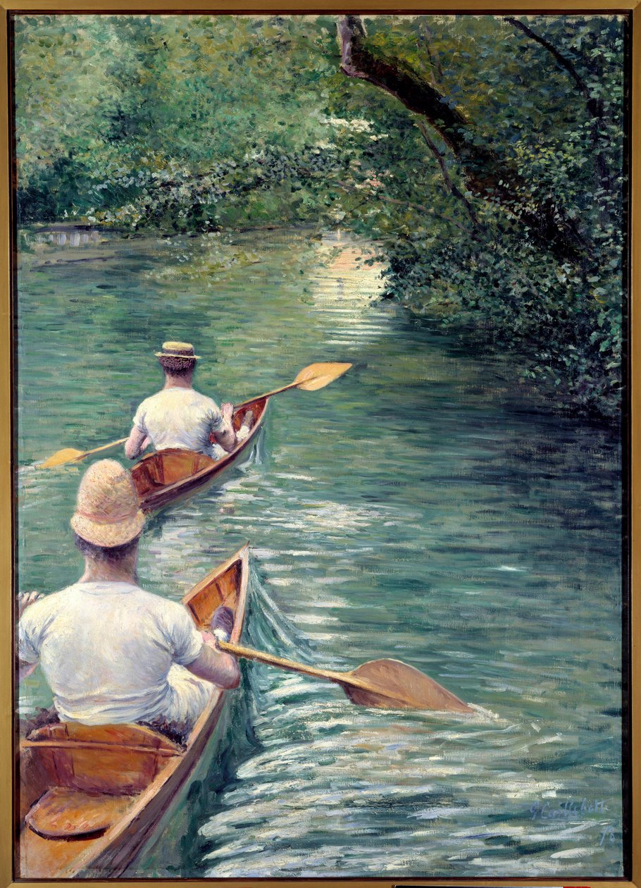Perissoarerna. Par som går i vattnet i perissoires, typ av kajak (Kanoterna). (Element av en dekorativ uppsättning: triptyk designad med La Peche a la Ligne och Les Baigneurs). Målning av Gustave Caillebotte (1848-1894) av Gustave Caillebotte