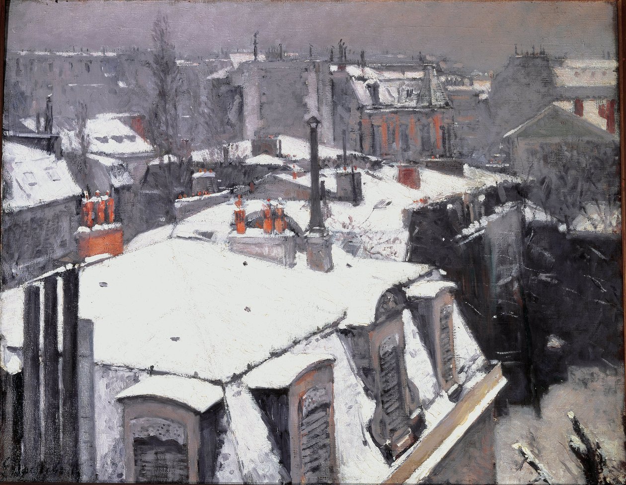 Vy över hustak (Effekt av snö) - olja på duk av Gustave Caillebotte
