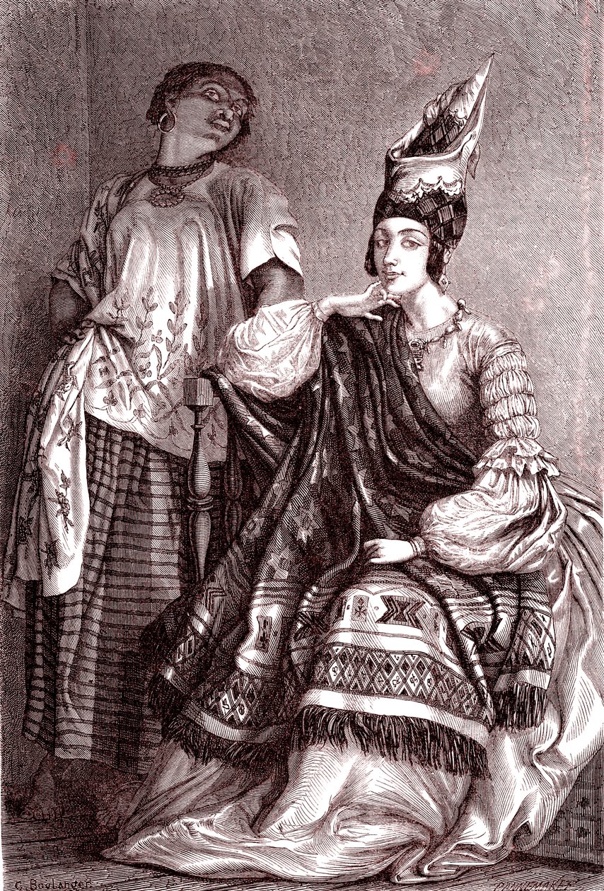 Signare, de mulatt-franska afrikanska kvinnorna i staden Saint Louis, Senegal. 1861 (gravyr) av Gustave Clarence Rodolphe Boulanger