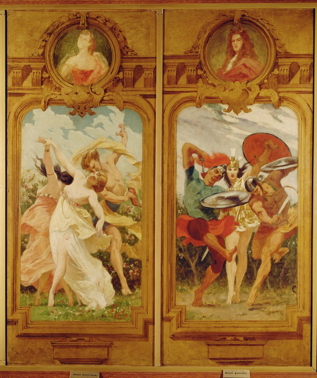 I Foyer de la Danse finns fyra väggmålningar av Boulanger som visar en Danse amoureuse, en kärleksdans, och en Danse guerriere, en krigsdans ... (väggmålning) av Gustave Clarence Rodolphe Boulanger