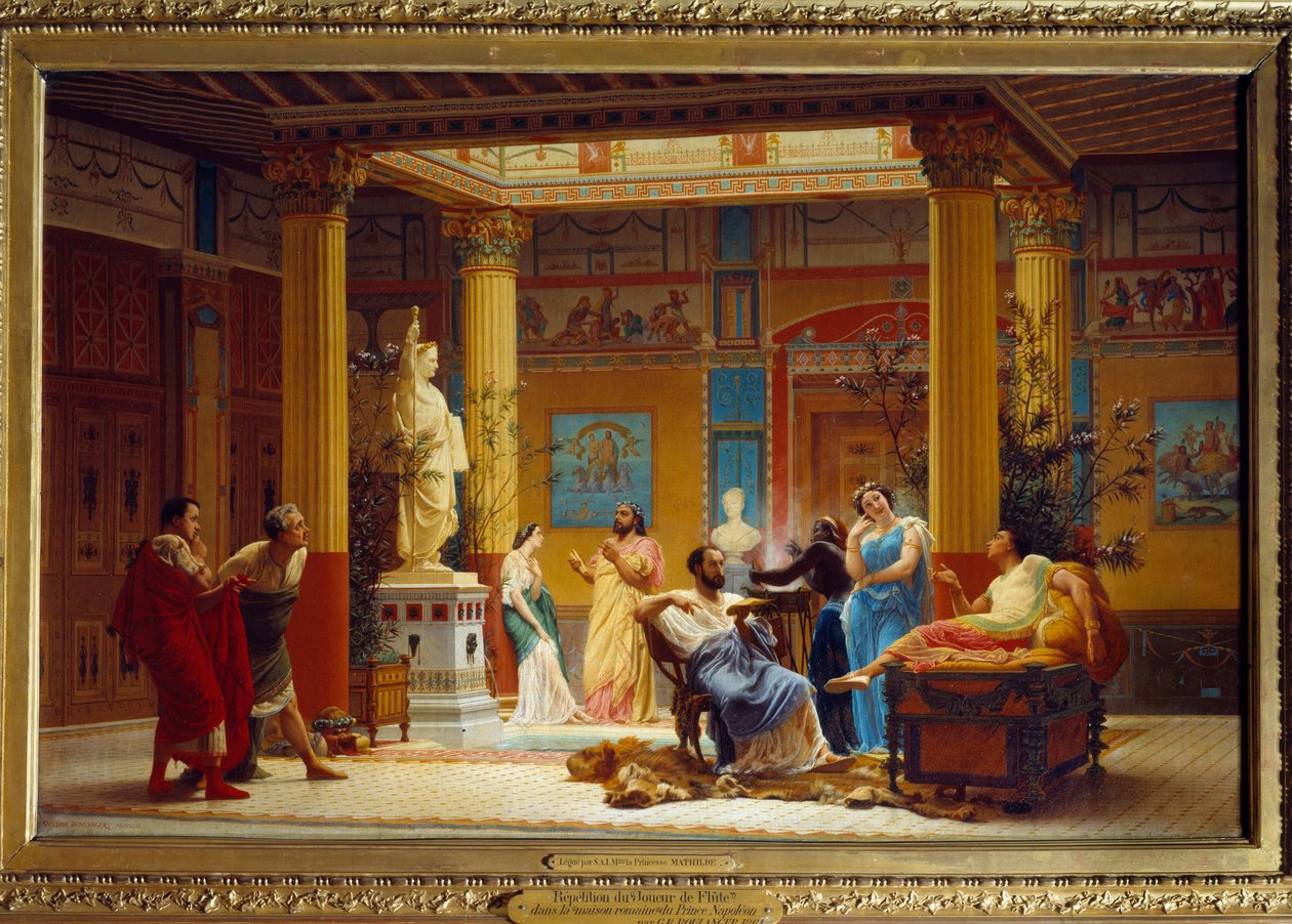 Upprepningen av "Flöjtspelaren..." och "La Femme de Diomede"" i atriumet i Maison Pompeienne i Paris av prins Napoleon 1860. Målning av Gustave Boulanger (1824-1888) av Gustave Clarence Rodolphe Boulanger