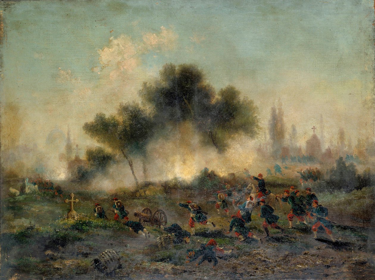 Kriget 1870 mot Preussen: "" anfall av en kyrkogård av reguljära trupper i maj 1871"" Målning av Gustave Boulanger (1824-1888) 1871 Sön. 0,49x0,65 m. Paris, Musée Carnavalet av Gustave Clarence Rodolphe Boulanger