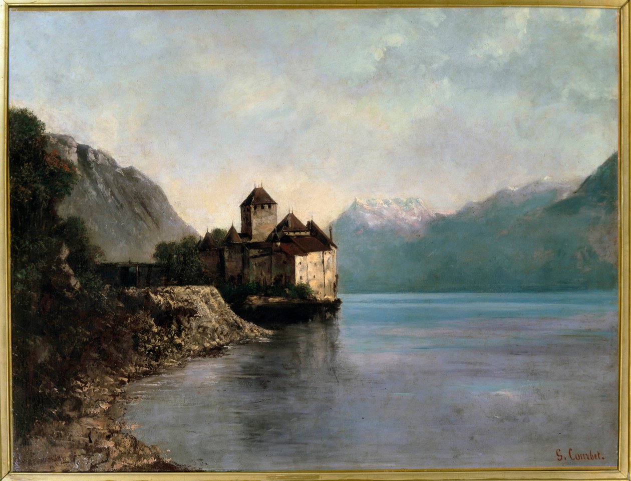 Ett slott vid stranden av sjön Leman i Schweiz. Utsikt över slottet Chillon. (olja på duk av Gustave Courbet