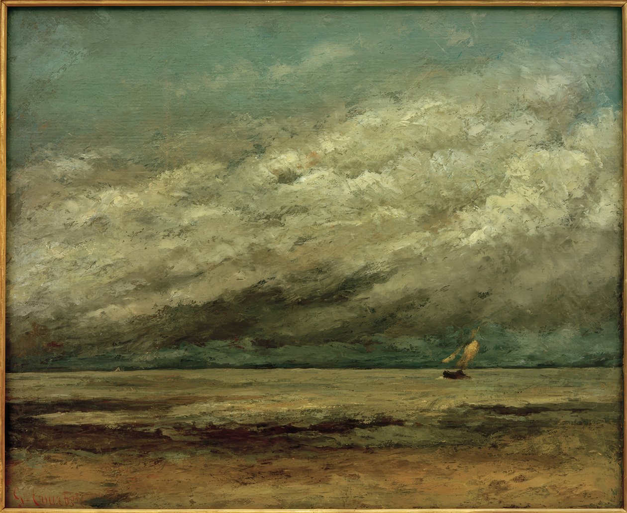 Segelbåt nära kusten, stormig himmel av Gustave Courbet