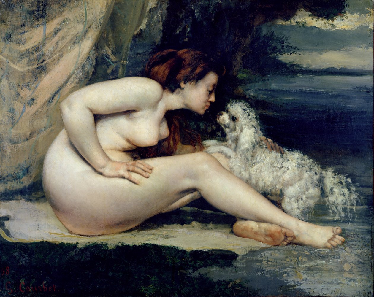 Naken kvinna med en hund (Porträtt av Leotine Renaude) 1861-62 (olja på duk) av Gustave Courbet