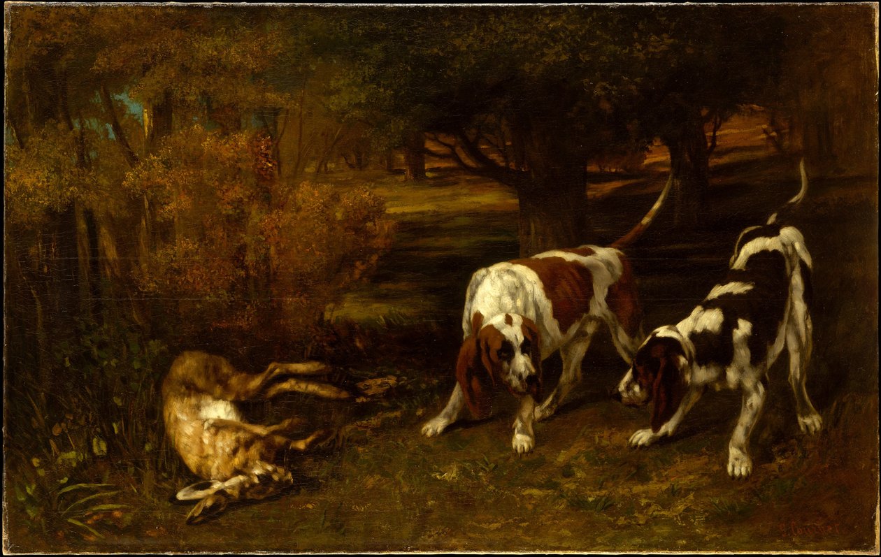 Jakt hundar med en död hare av Gustave Courbet
