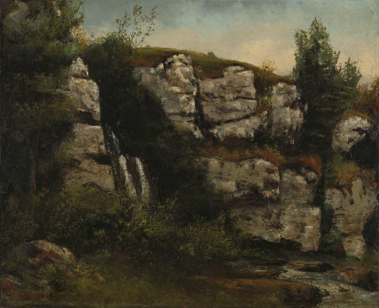 Landskap med klippiga klippor och ett vattenfall av Gustave Courbet