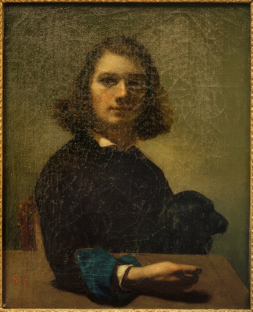 Liten konstnär porträtt med svart hund av Gustave Courbet