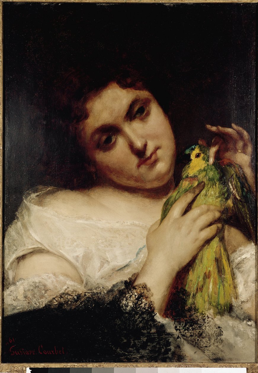 Porträtt av en dam med en papegoja Målning av Gustave Courbet av Gustave Courbet