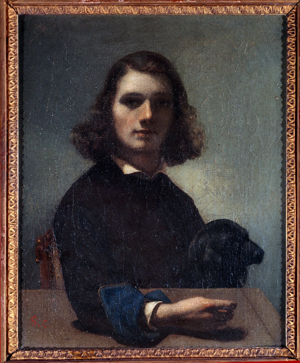 Självporträtt med svart hundmålning av Gustave Courbet (1819-1877) Pontarlier från 1800-talet, Musee des Beaux Arts. av Gustave Courbet