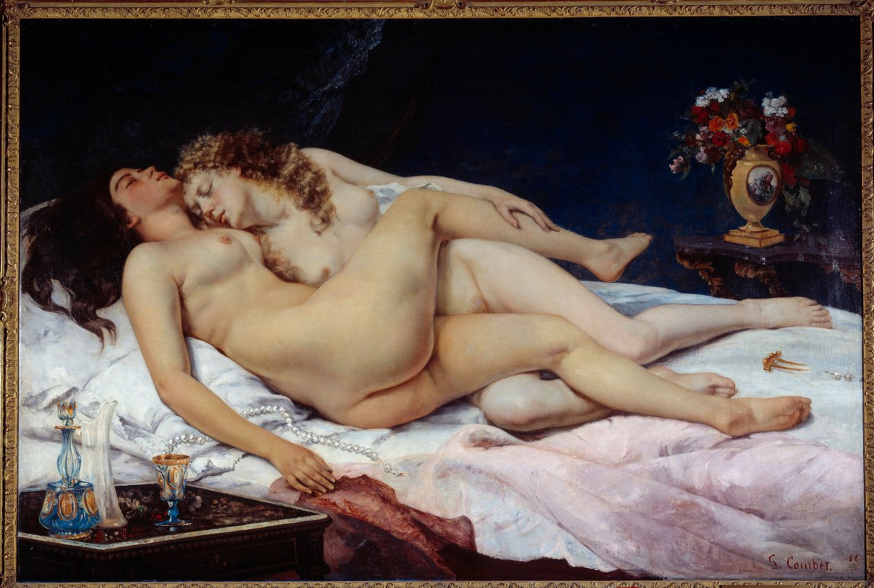 Sova. Två nakna kvinnor kramades i en säng av Gustave Courbet