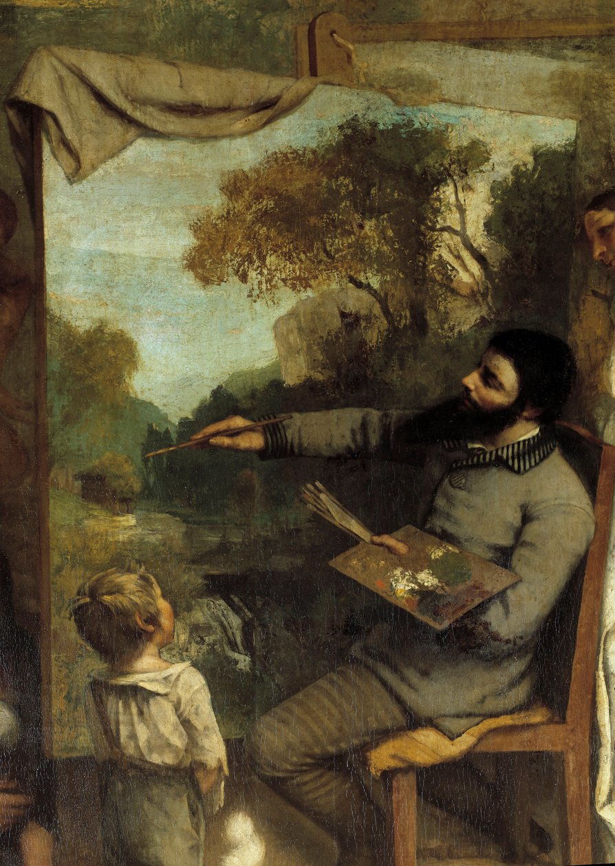 Målarens verkstad. Allegorie Reelle bestämmer en sjuårig fas av mitt konstnärliga liv (och moraliska) Detalj som skildrar målaren som beundras av ett barn som symboliserar ungdomens oskuld. Målning av Gustave Courbet (1819-1877) av Gustave Courbet