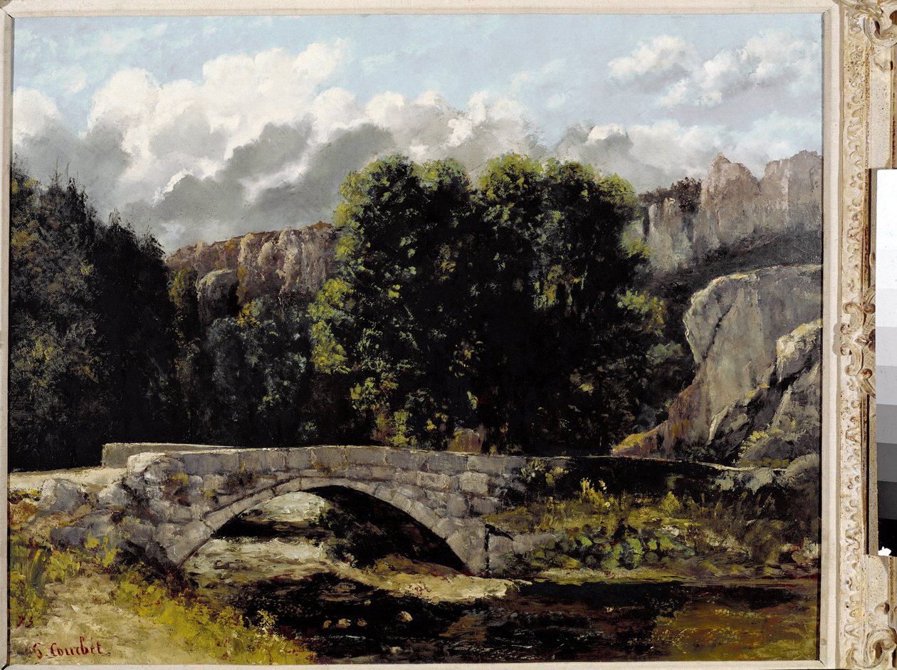 Utsikt över bron av Saint Sulpice i Fleurier, Schweiz (olja på duk av Gustave Courbet